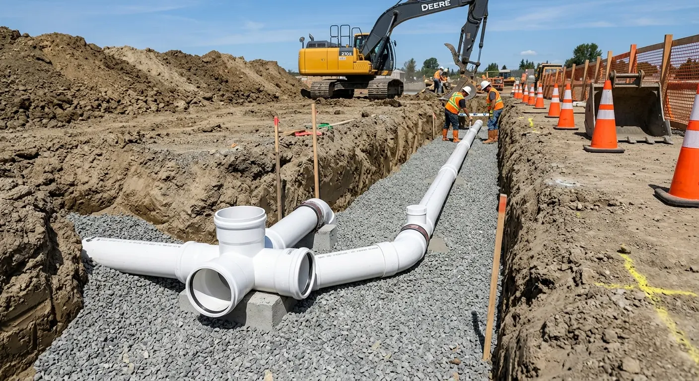 New PVC sewer pipe installation in open trench for Commercial Drain Cleaning in Red Lion