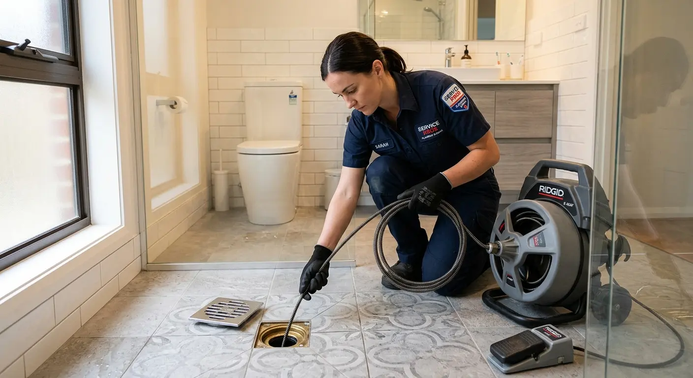 Technician clearing a bathroom floor drain for Hydro Jetting in Red Lion